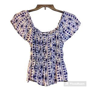 PATRONS OF PEACE BLUE/WHITE COUNTRY BOHO STYLE FLATTER SLEEVE TOP - SZ M NWOT